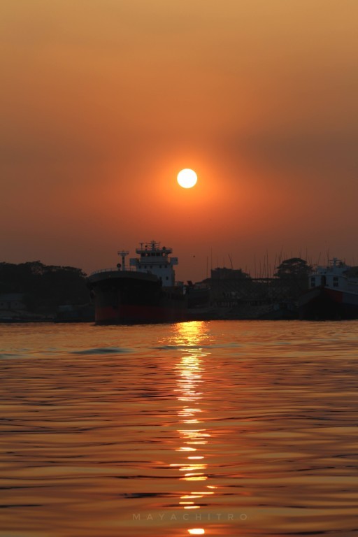 Sunset Over River Ships